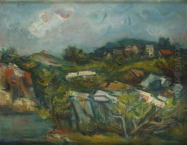 Landscape With Houses, 20s-30s Oil Painting by Henri Epstein