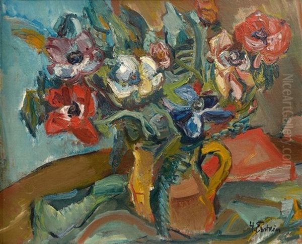 Bouquet De Fleurs Sur Un Entablement Oil Painting by Henri Epstein