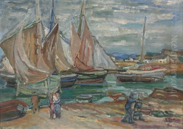 Bateaux Et Pecheurs Oil Painting by Henri Epstein