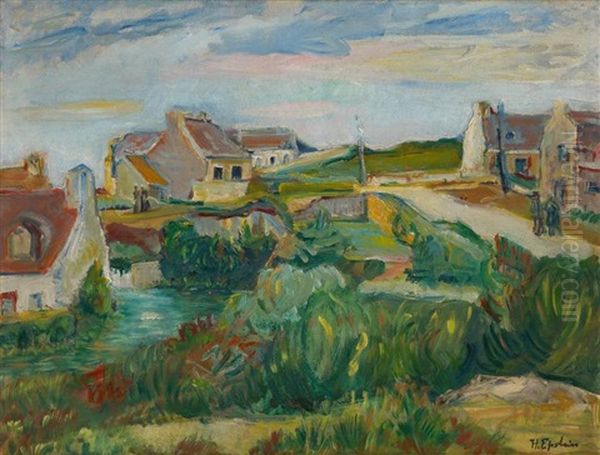 Village Breton Anime Au Bord De Mer Oil Painting by Henri Epstein