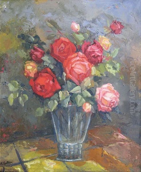 Bouquet De Roses Dans Un Vase De Cristal Oil Painting by Henri Epstein