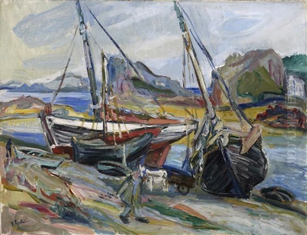 Fisher Boats Oil Painting by Henri Epstein