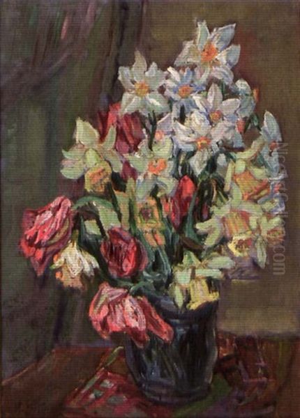 Bouquet De Fleurs Au Vase Bleu Oil Painting by Henri Epstein