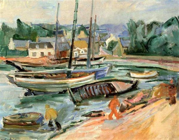 Port Breton Aux Bateaux Echoues Oil Painting by Henri Epstein