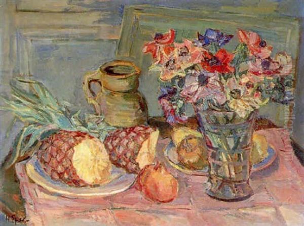 Still Life Of A Pineapple Beside A Vase Of Flowers On A Table Oil Painting by Henri Epstein