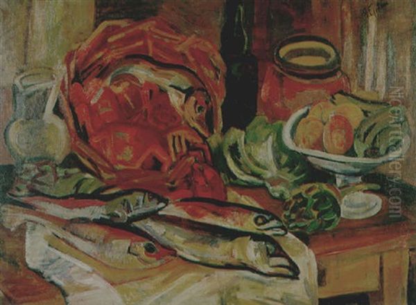 Still Life With Fish And A Bowl Of Fruit Oil Painting by Henri Epstein