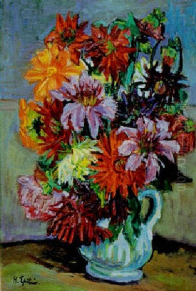 Bouquet De Dahlias Oil Painting by Henri Epstein