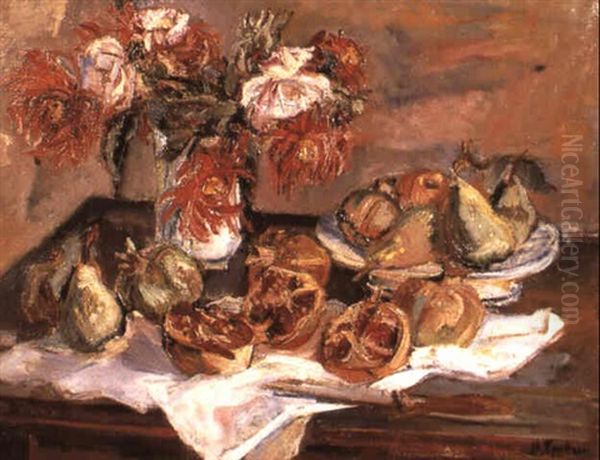 Composition Aux Fleurs Et Fruits D'ete Sur Une Table Oil Painting by Henri Epstein