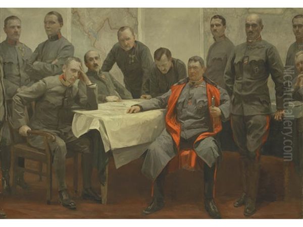 Portrait Of Field Marshall Hermann Kovess Von Kovesshaza As General Of The Infantry With The Staff Of The 3rd Army Command Oil Painting by Jehudo Epstein