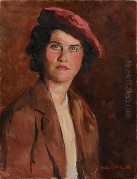 Portrait Of A Lady, Bust-length - With Dark Curling Hair And Blue Eyes, Wearing A Red Cap Oil Painting by Jehudo Epstein