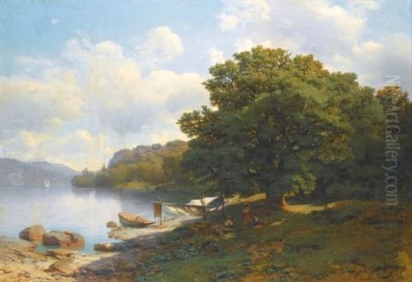 On The Lake Shore Oil Painting by Mikhail Spiridonovich Erassi