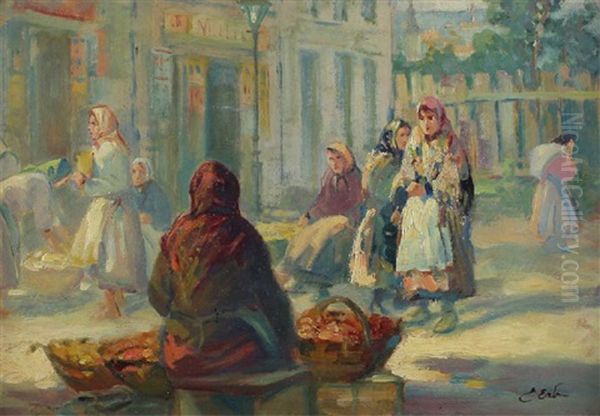 Market Place Oil Painting by Erno Erb