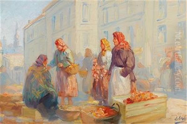 Market Day In Lviv Oil Painting by Erno Erb