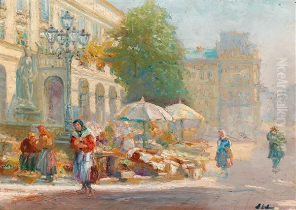 Market In Lviv Oil Painting by Erno Erb