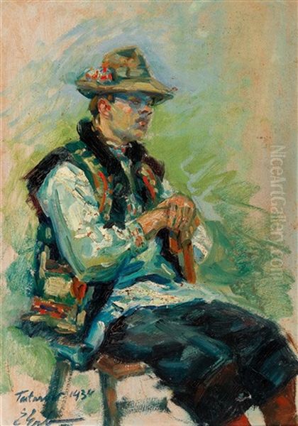 Young Farmer Seated Oil Painting by Erno Erb