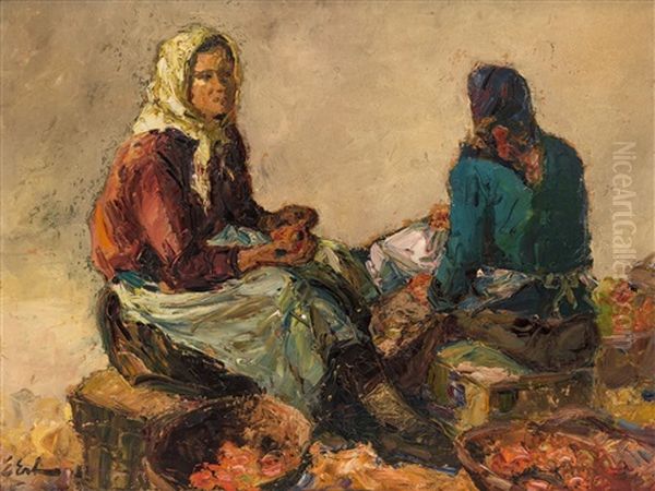 At The Street Market Oil Painting by Erno Erb