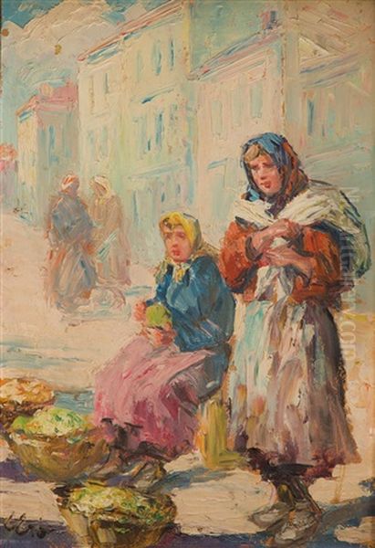 Vendors On The Market Oil Painting by Erno Erb