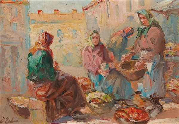 Market Day Oil Painting by Erno Erb