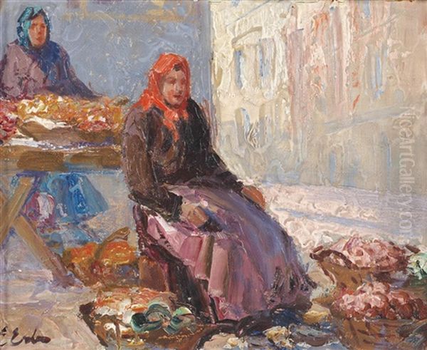 Small Market Scene Oil Painting by Erno Erb