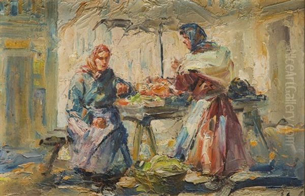 Two Vendors Oil Painting by Erno Erb