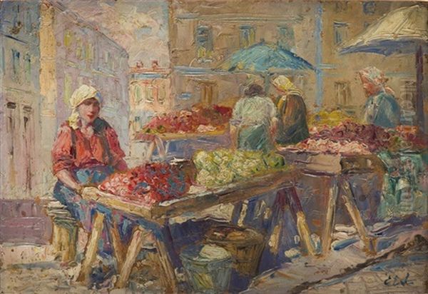 On The Market Oil Painting by Erno Erb