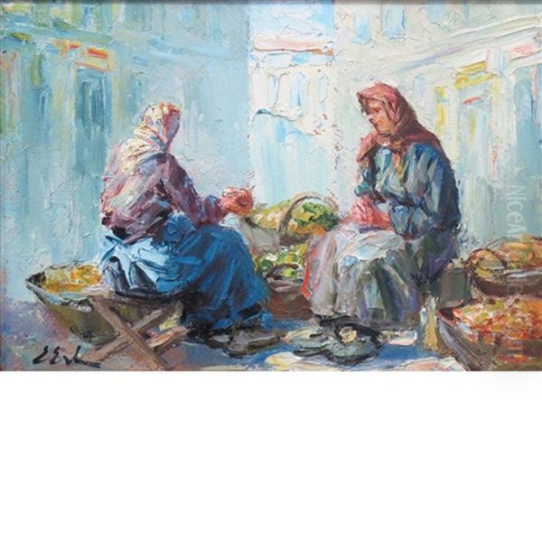 Women At The Market Oil Painting by Erno Erb