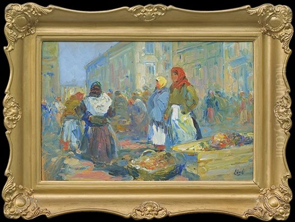 Open-air Market In Lwow Oil Painting by Erno Erb