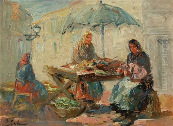 Lvov Market Sellers Oil Painting by Erno Erb