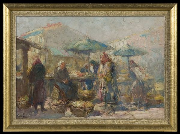 Lwow Street Market Oil Painting by Erno Erb