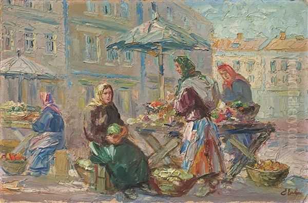 Street Market Oil Painting by Erno Erb