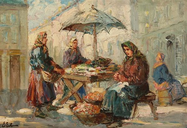 Lvov Market Sellers Oil Painting by Erno Erb