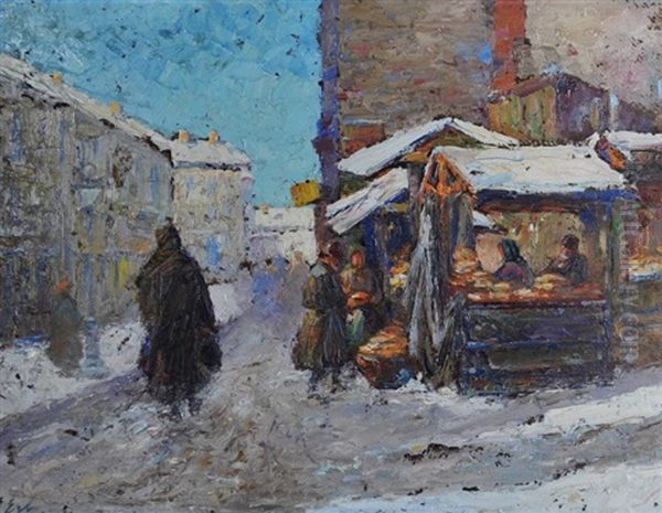 Winter Town Scene With Market Stalls Oil Painting by Erno Erb