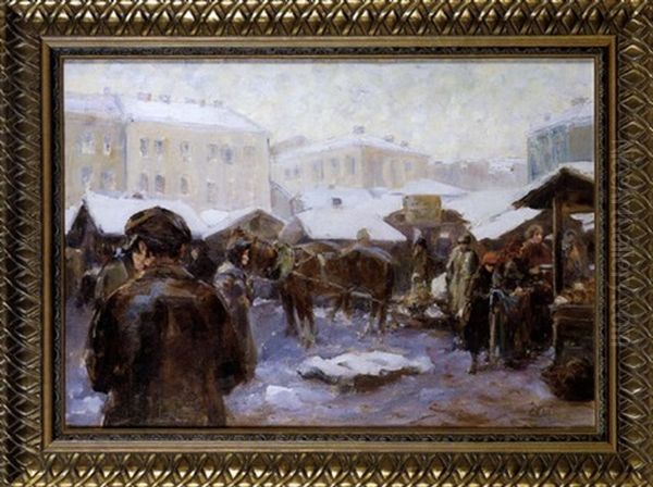 At The Market Square Oil Painting by Erno Erb