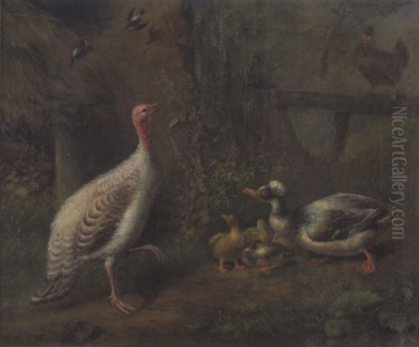 Entenfamilie Und Truthahn In Einem Waldgarten Auf Dem Zaun Ein Huhn Oil Painting by Robert (Karl August R.) Erbe