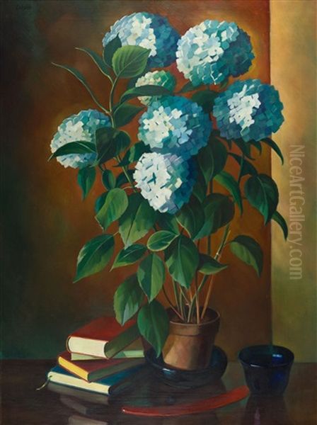 Stillleben Mit Blauen Hortensien Und Buchern Oil Painting by Adolf Erbsloeh