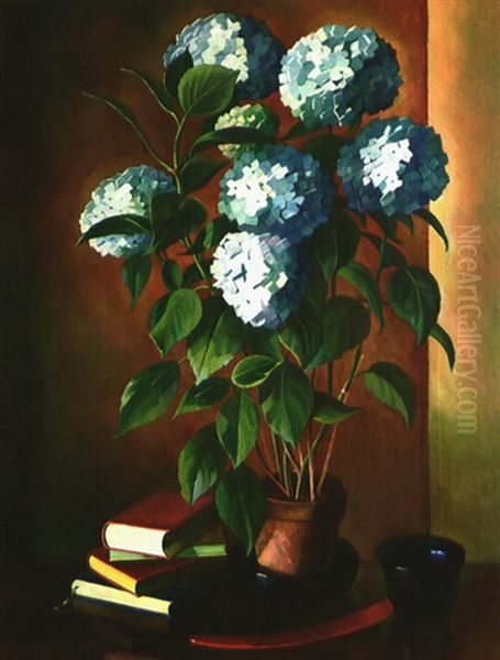 Stillleben Mit Blauen Hortensien Und Buchern Oil Painting by Adolf Erbsloeh