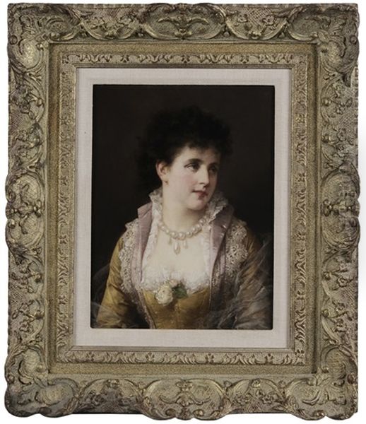 Portrait Of A Young Beauty In Pearls And Lace, Satin Gown Oil Painting by Otto Wilhelm Eduard Erdmann