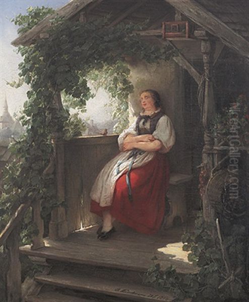 Das Pauschen. In Einer Weinlaubumrankten Laube Halt Eine Junge Frau In Tracht Ein Mittagsschlafchen Oil Painting by Otto Wilhelm Eduard Erdmann