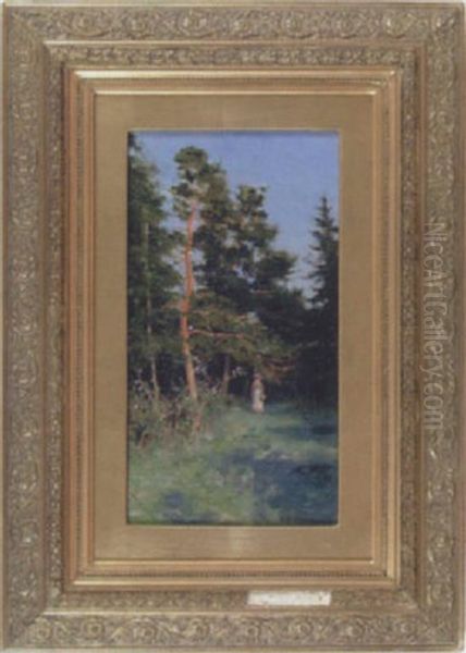 Kvinna I Skogsglanta Invid Blommande Nyponbuske Oil Painting by Elias Erdtman