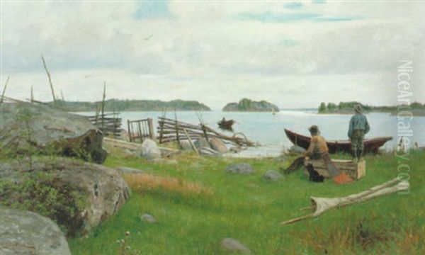 Skargardslandskap Med Fiskare Oil Painting by Elias Erdtman