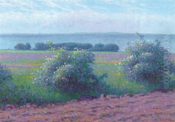 Utsikt Over Kust, I Forgrunden Blommande Nyponbuskar Oil Painting by Elias Erdtman