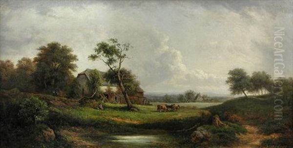 Cattle In A River Landscape By A Mediaeval Barn Oil Painting by Wilhelm Erhardt