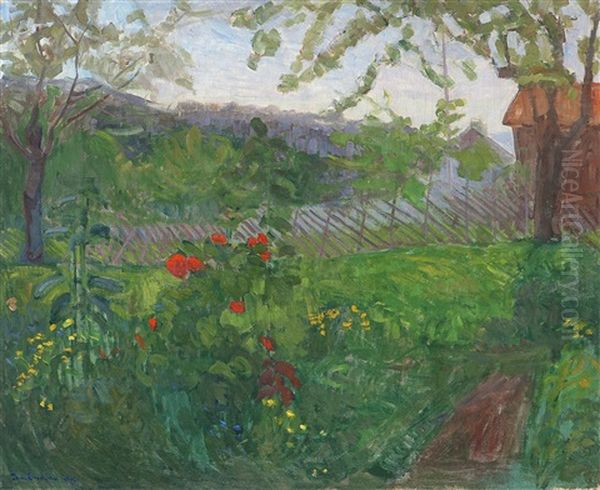 Garden With Flowers Oil Painting by Thorvald Erichsen