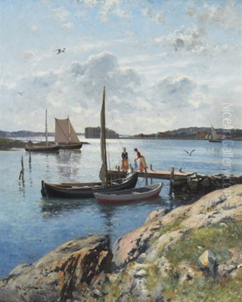 Pa Bryggan, Sommarmotiv Fran Marstrand Oil Painting by Johan Ericson