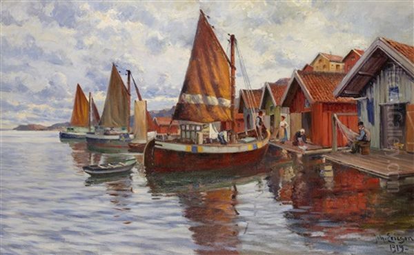 Fiskelage I Bohuslan Med Figurer Oil Painting by Johan Ericson