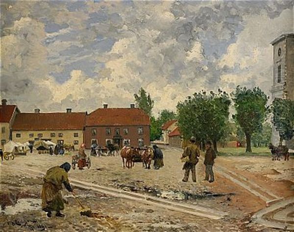 Folkliv Pa Torget I Hjo Oil Painting by Johan Ericson