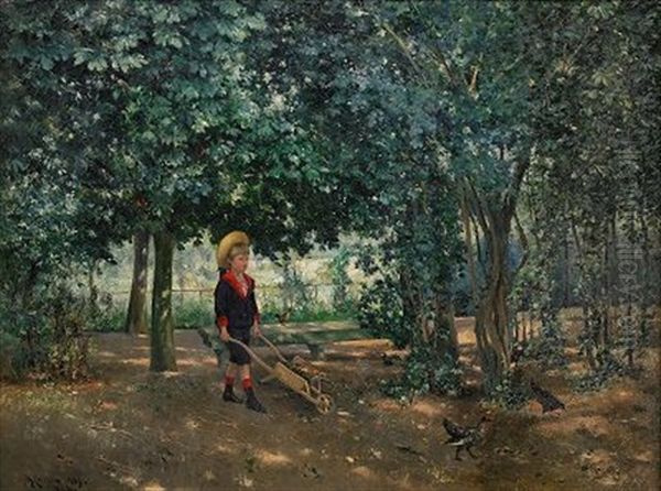 Gosse Med Skottkarra - Sommarsondag I Parken Oil Painting by Johan Ericson