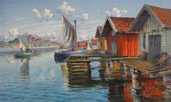 Batar I Hamn - Fiskelage Pa Vastkusten Oil Painting by Johan Ericson