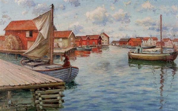 Fiskelage Med Batar Och Sjobodar Oil Painting by Johan Ericson