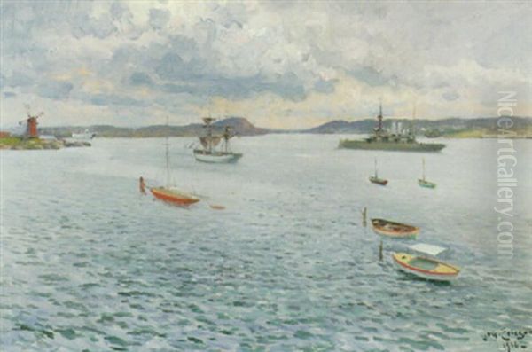 Kustlandskap Med Batar Oil Painting by Johan Ericson